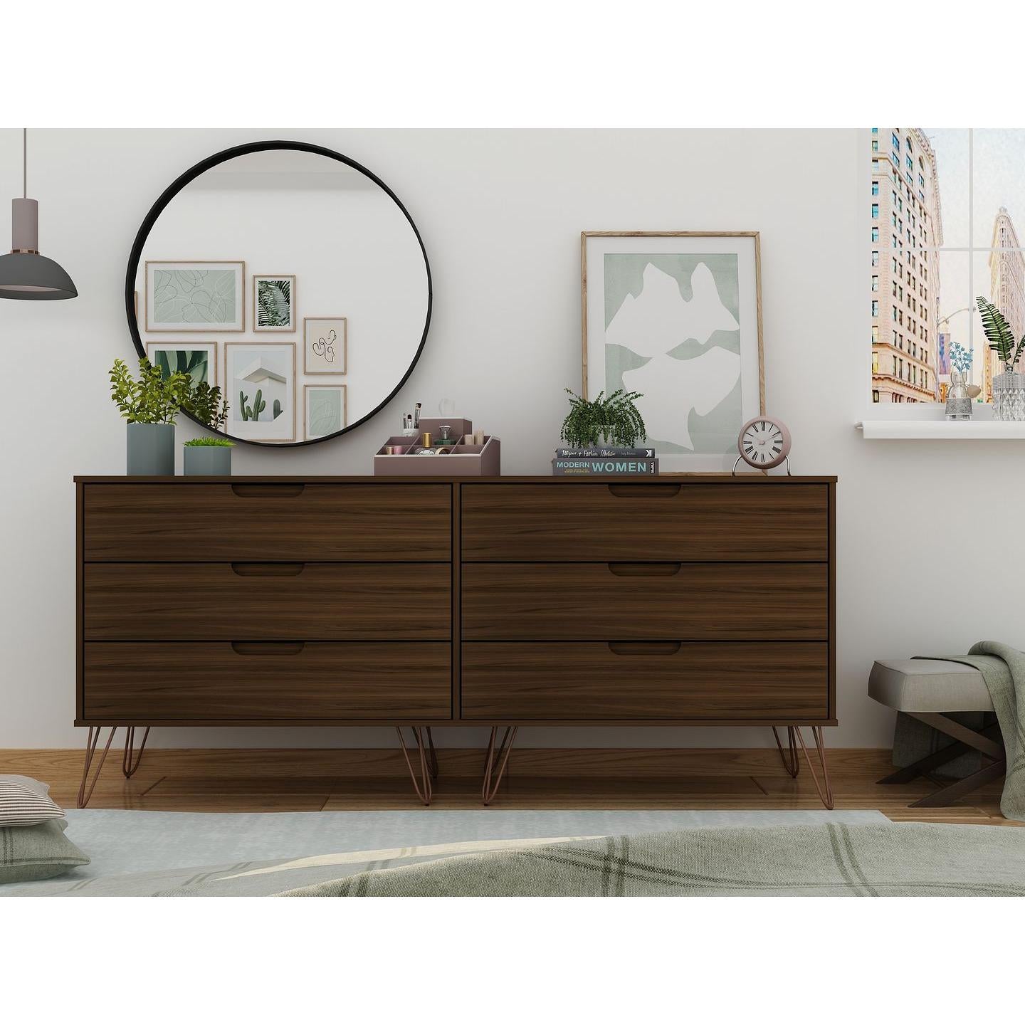 Manhattan Comfort Rockefeller 6-Drawer Double Low Dresser With Metal Legs In Brown