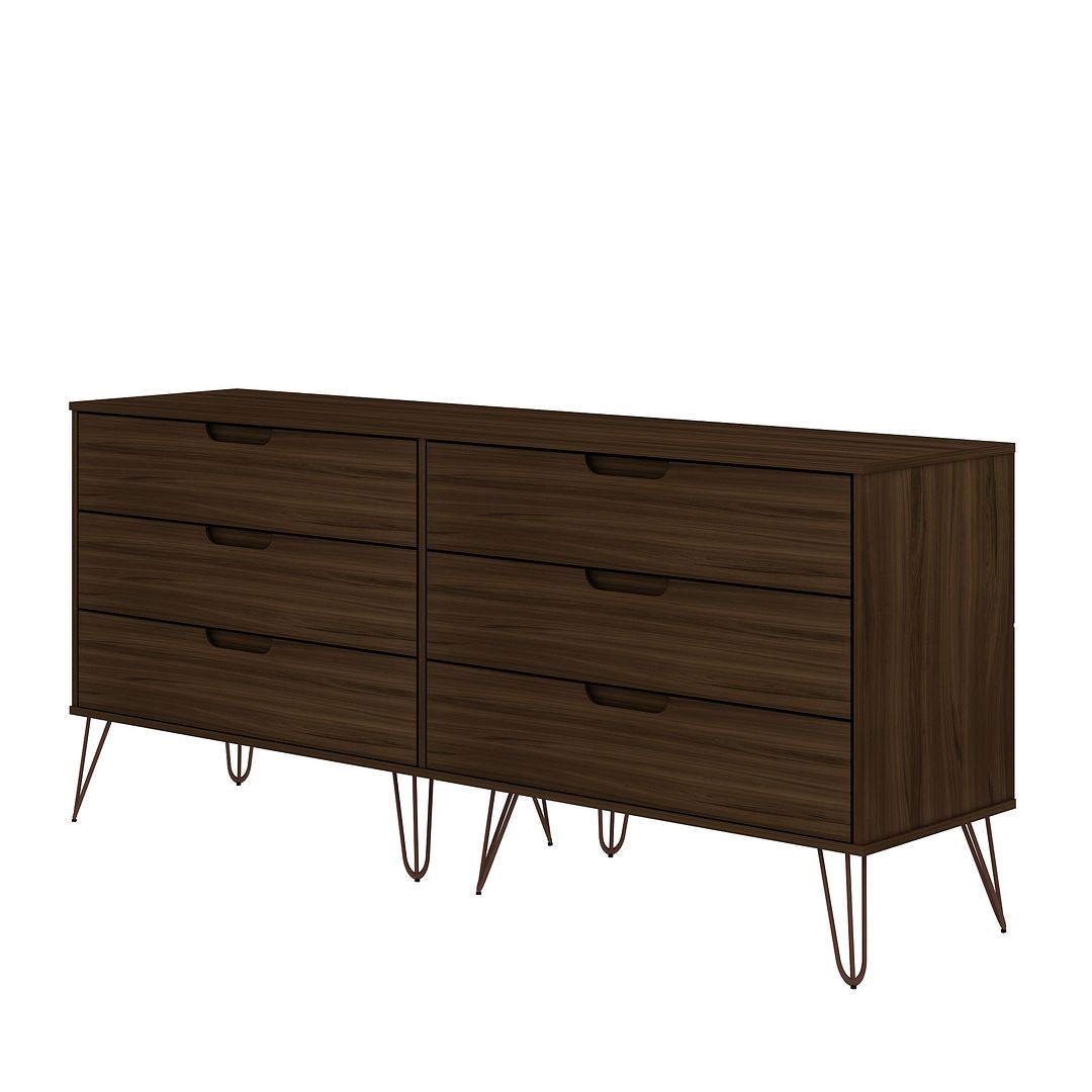 Manhattan Comfort Rockefeller 6-Drawer Double Low Dresser With Metal Legs In Brown