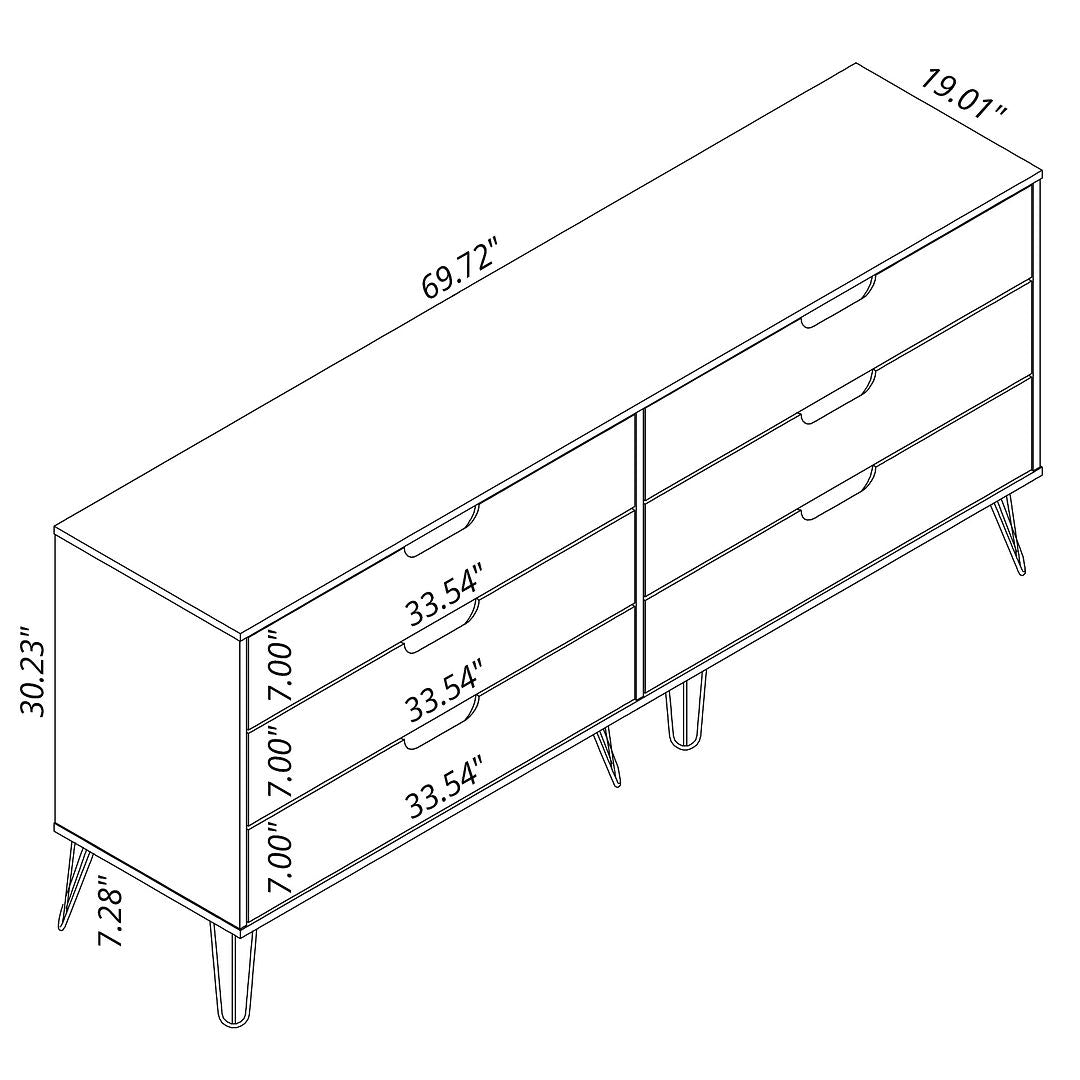 Manhattan Comfort Rockefeller 6-Drawer Double Low Dresser With Metal Legs In Brown