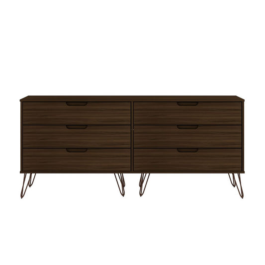 Manhattan Comfort Rockefeller 6-Drawer Double Low Dresser With Metal Legs In Brown