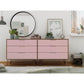 Manhattan Comfort Rockefeller 6-Drawer Double Low Dresser With Metal Legs In Native & Rose Pink