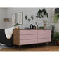 Manhattan Comfort Rockefeller 6-Drawer Double Low Dresser With Metal Legs In Native & Rose Pink