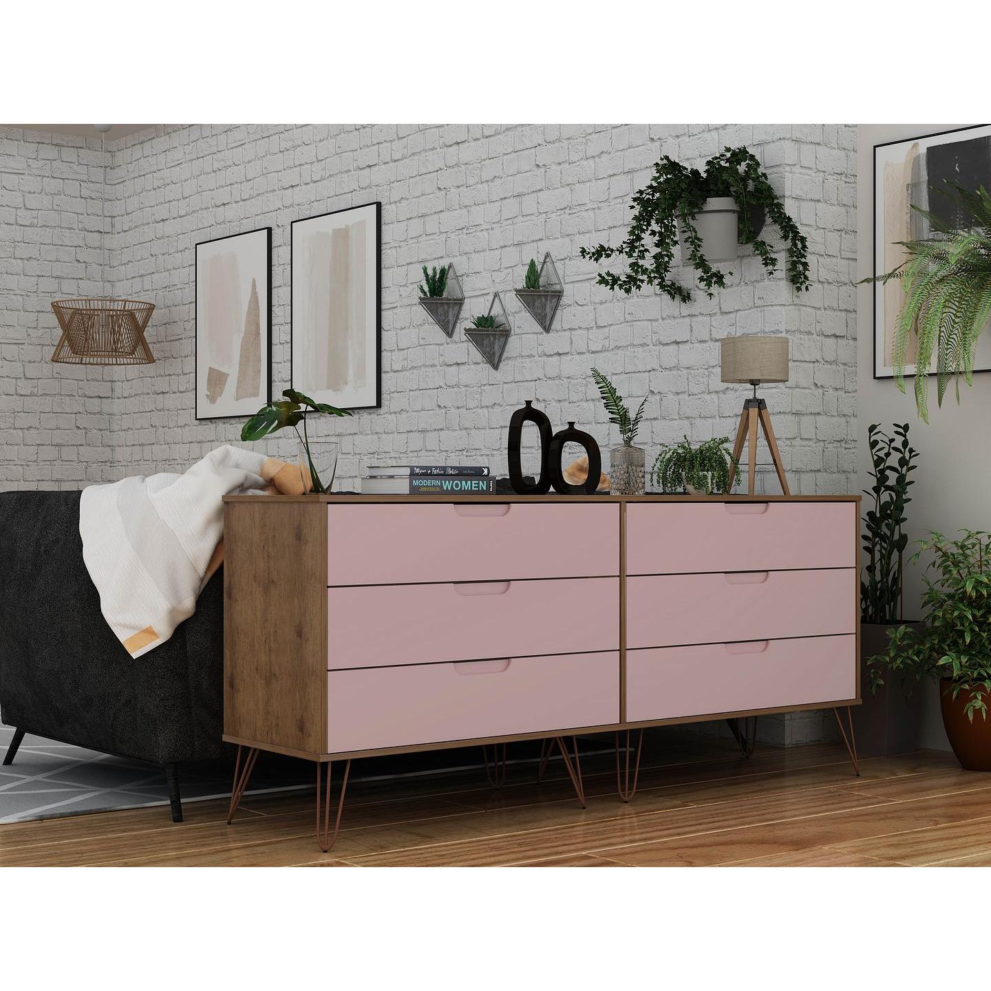 Manhattan Comfort Rockefeller 6-Drawer Double Low Dresser With Metal Legs In Native & Rose Pink