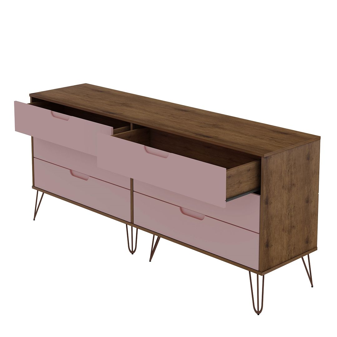 Manhattan Comfort Rockefeller 6-Drawer Double Low Dresser With Metal Legs In Native & Rose Pink