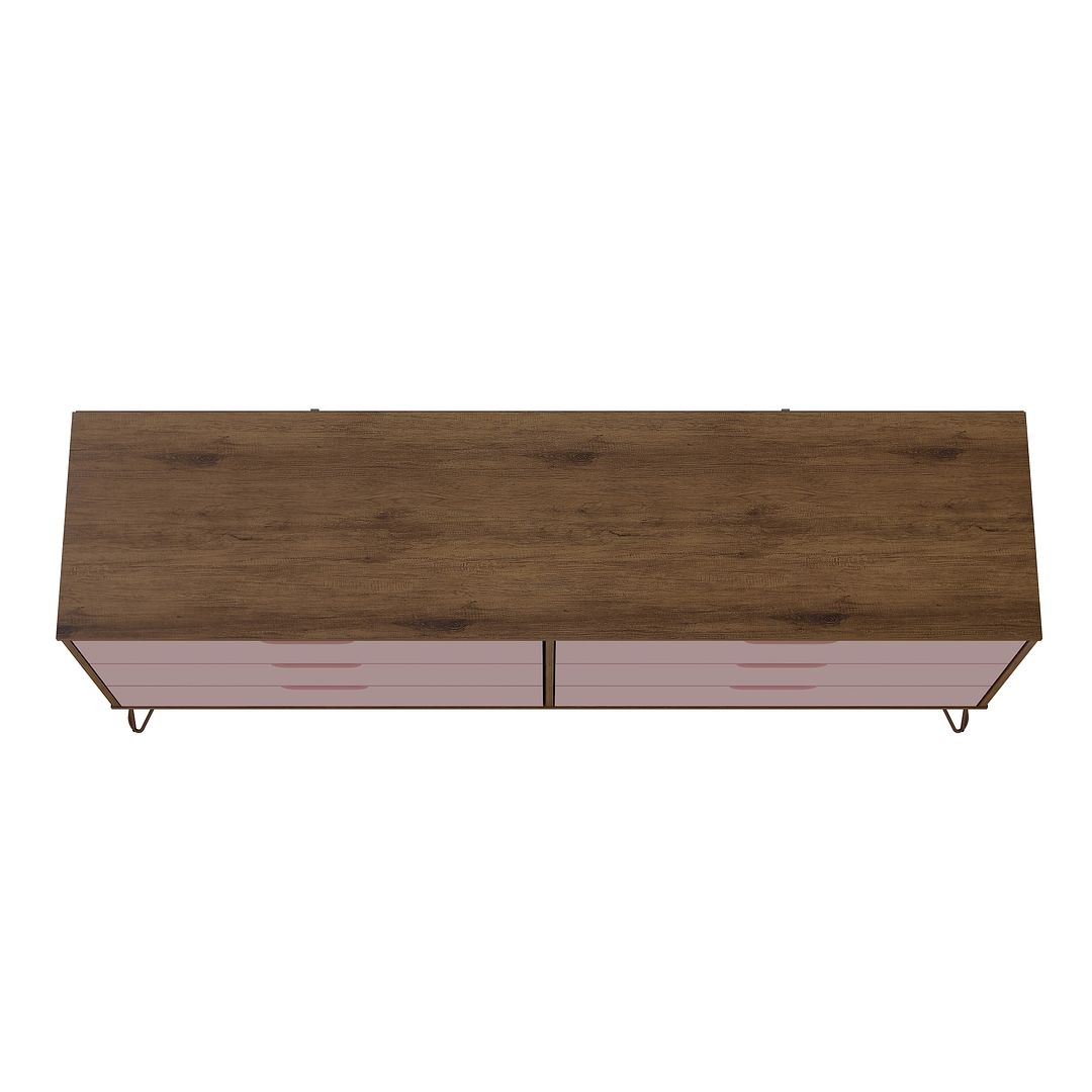 Manhattan Comfort Rockefeller 6-Drawer Double Low Dresser With Metal Legs In Native & Rose Pink