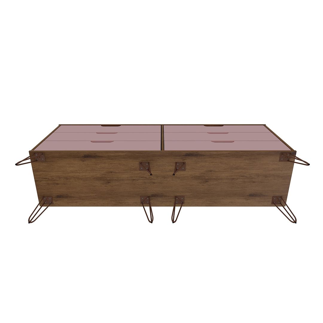 Manhattan Comfort Rockefeller 6-Drawer Double Low Dresser With Metal Legs In Native & Rose Pink