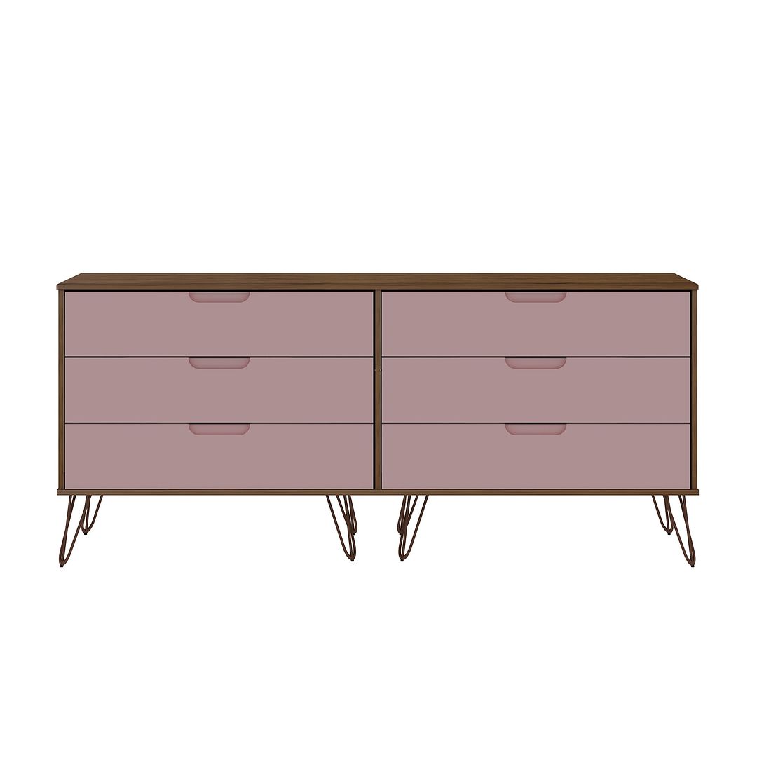 Manhattan Comfort Rockefeller 6-Drawer Double Low Dresser With Metal Legs In Native & Rose Pink