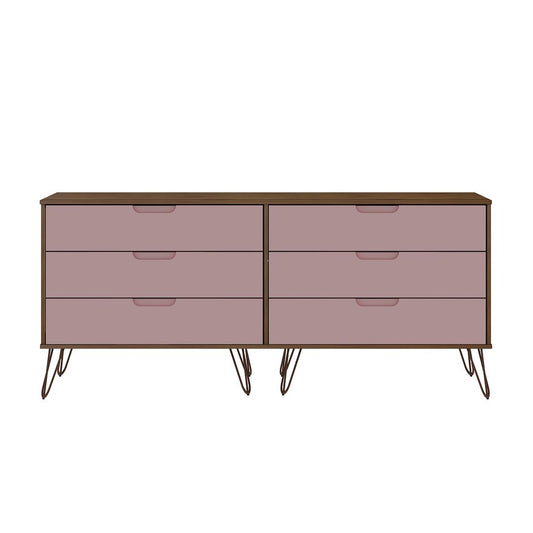Manhattan Comfort Rockefeller 6-Drawer Double Low Dresser With Metal Legs In Native & Rose Pink