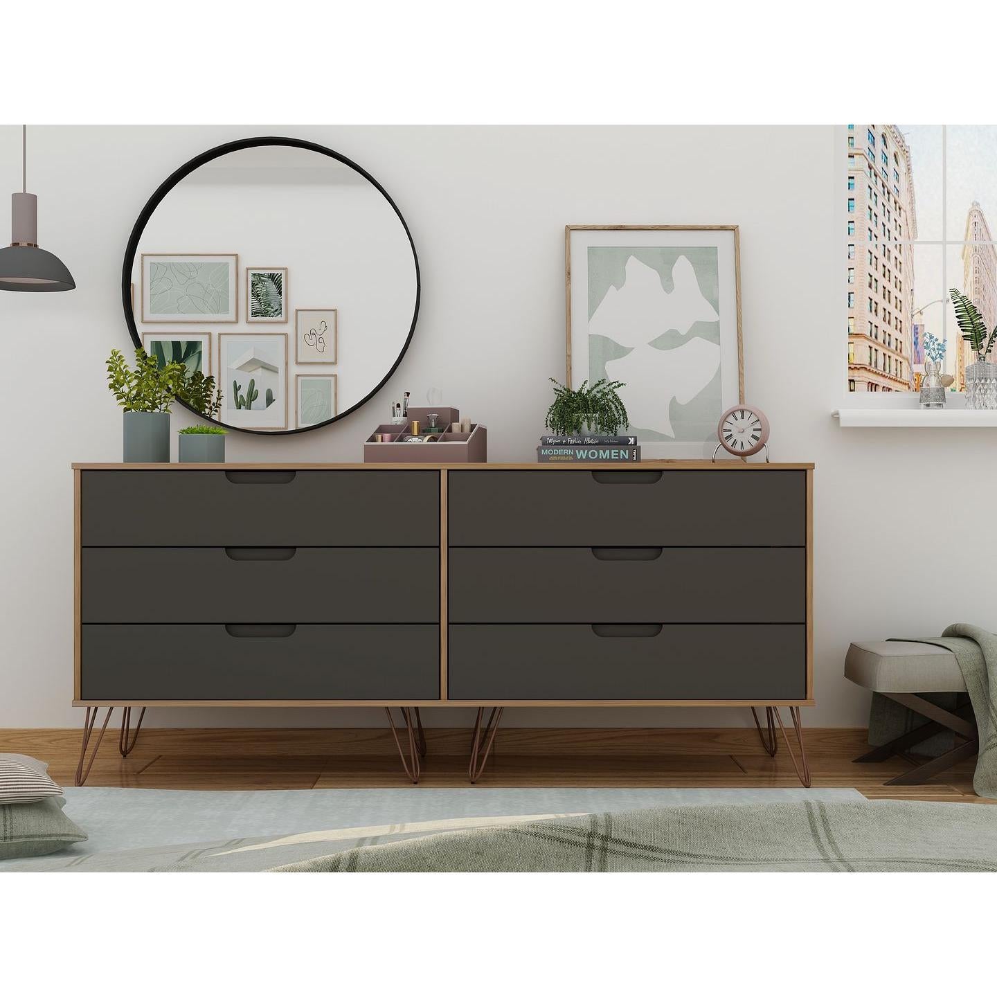 Manhattan Comfort Rockefeller 6-Drawer Double Low Dresser With Metal Legs In Nature & Textured Gray