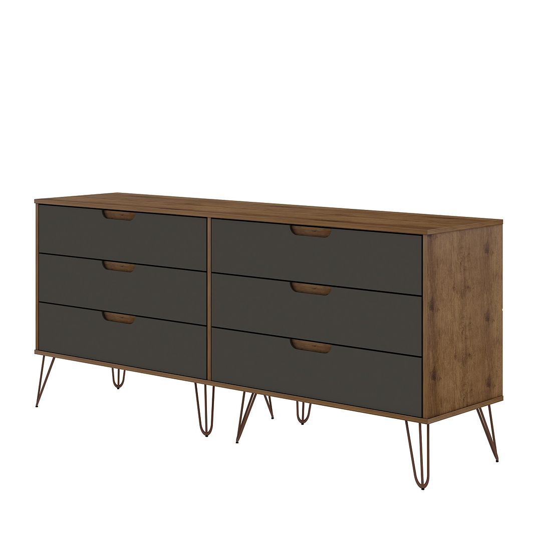 Manhattan Comfort Rockefeller 6-Drawer Double Low Dresser With Metal Legs In Nature & Textured Gray