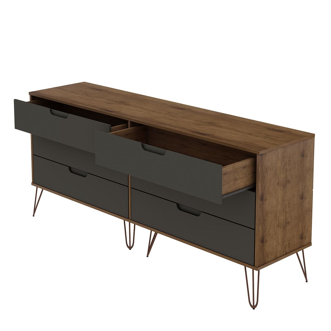 Manhattan Comfort Rockefeller 6-Drawer Double Low Dresser With Metal Legs In Nature & Textured Gray