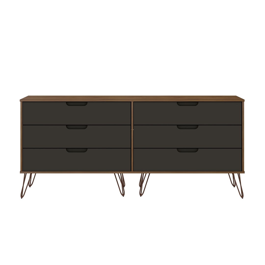 Manhattan Comfort Rockefeller 6-Drawer Double Low Dresser With Metal Legs In Nature & Textured Gray