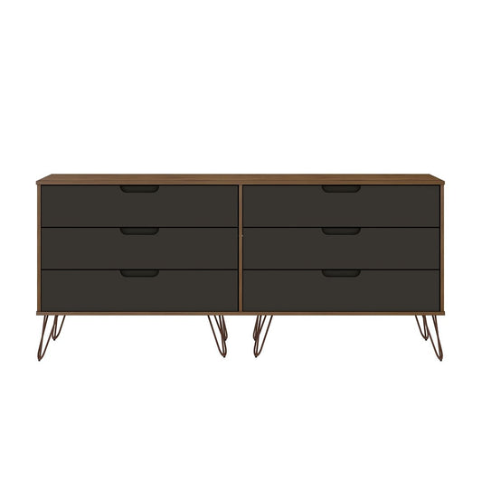 Manhattan Comfort Rockefeller 6-Drawer Double Low Dresser With Metal Legs In Nature & Textured Gray