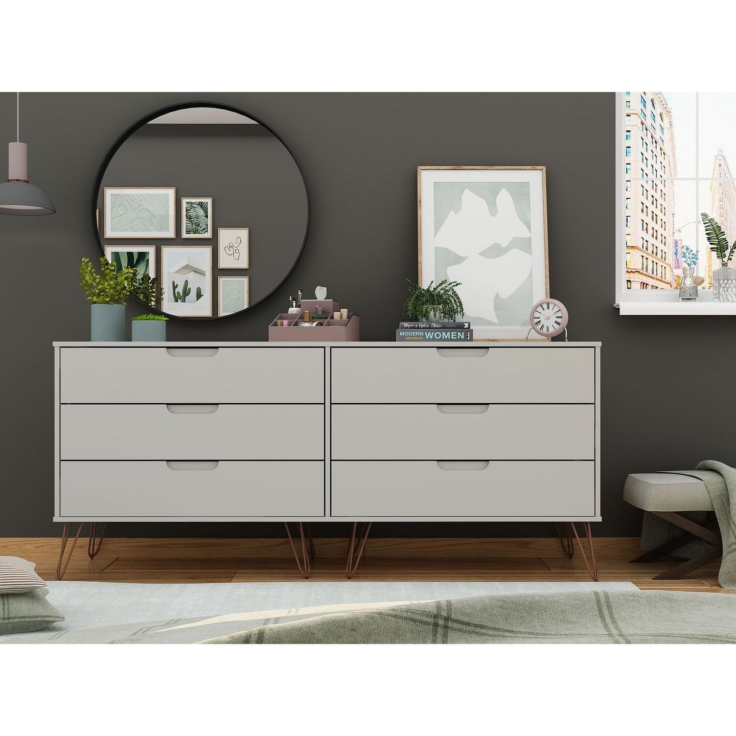 Manhattan Comfort Rockefeller 6-Drawer Double Low Dresser With Metal Legs In Off White