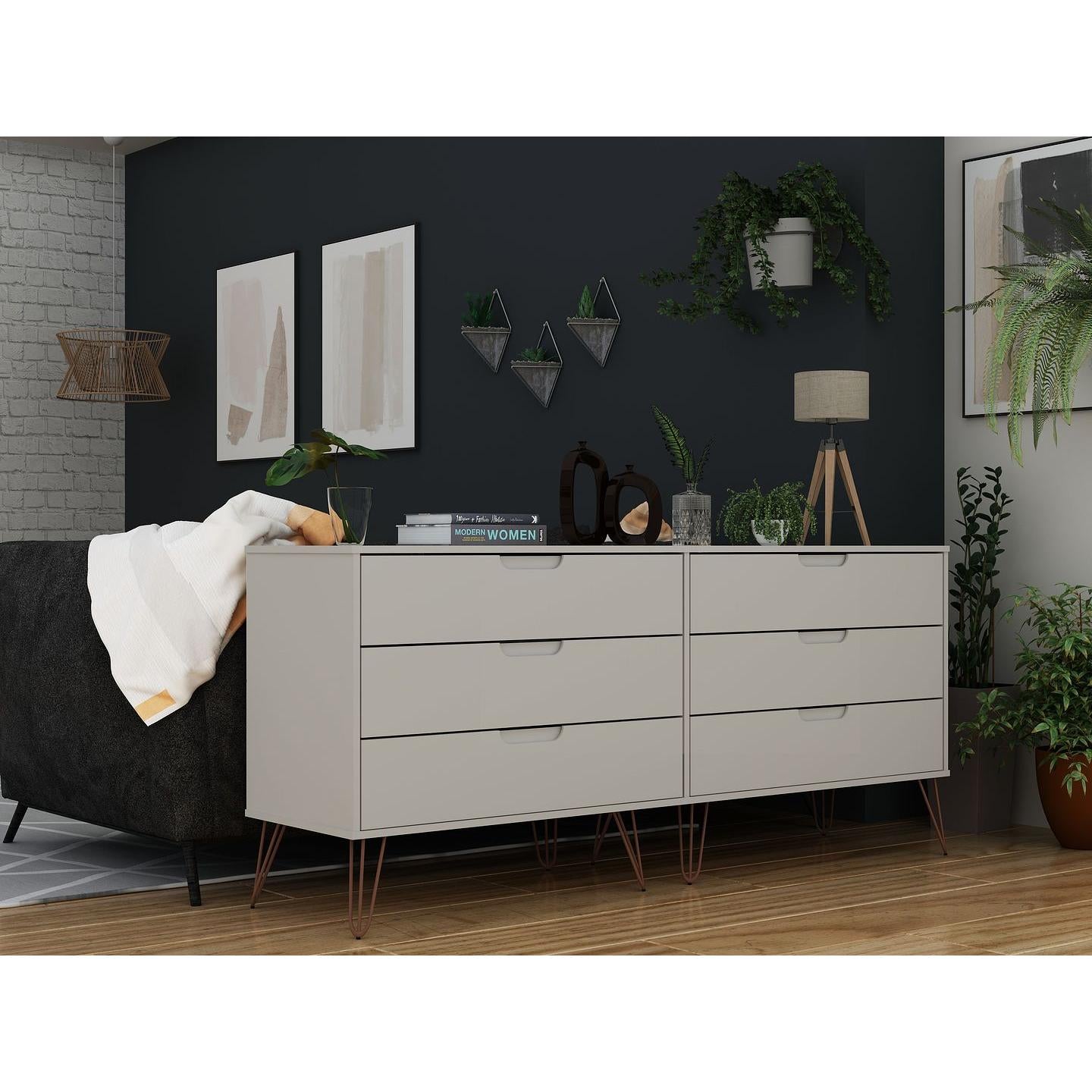 Manhattan Comfort Rockefeller 6-Drawer Double Low Dresser With Metal Legs In Off White