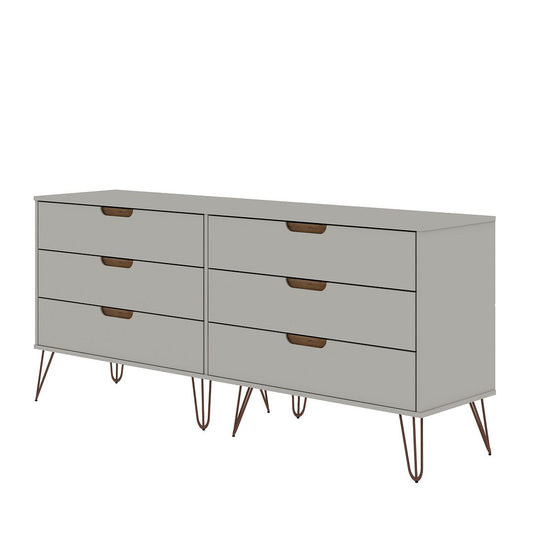 Manhattan Comfort Rockefeller 6-Drawer Double Low Dresser With Metal Legs In Off White & Nature