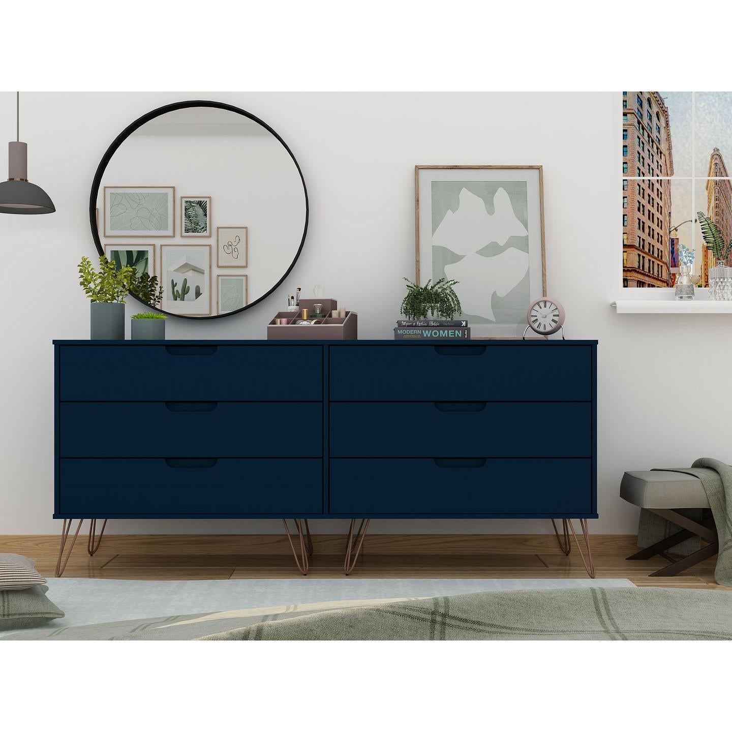 Manhattan Comfort Rockefeller 6-Drawer Double Low Dresser With Metal Legs In Tatiana Midnight Blue