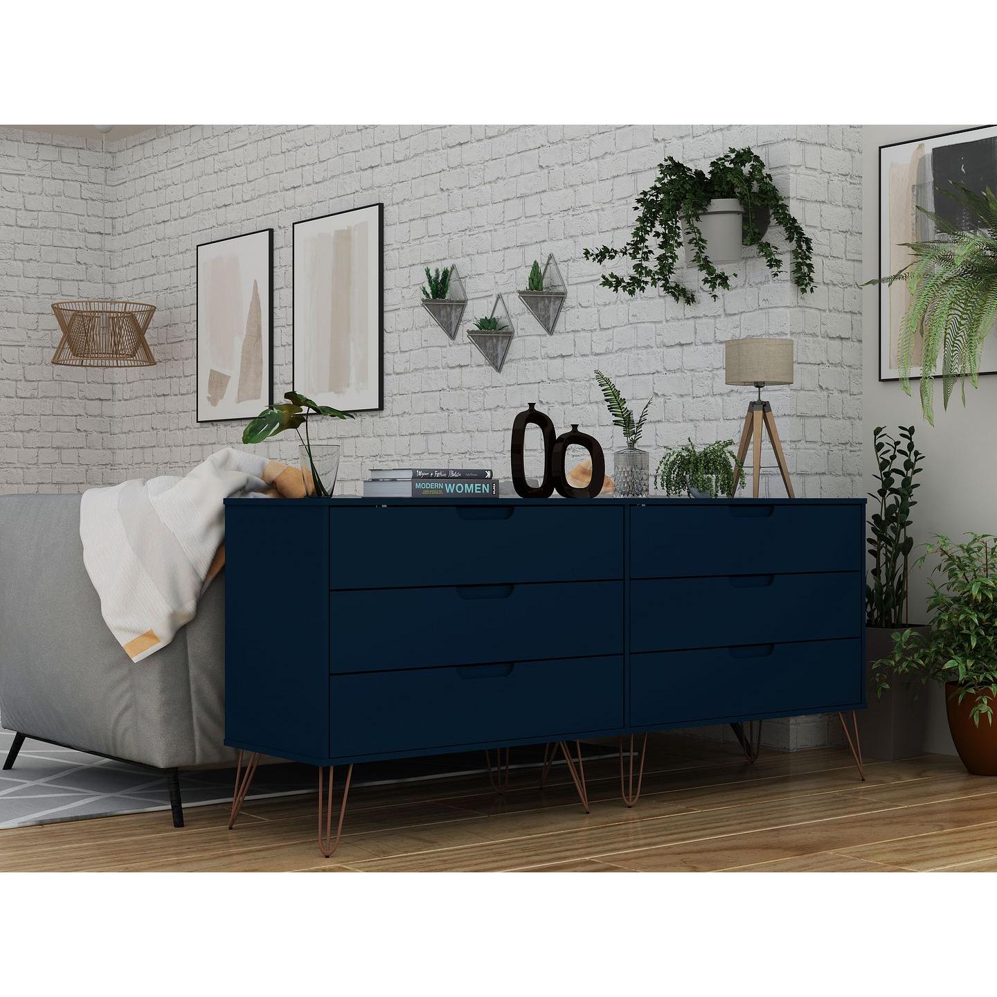 Manhattan Comfort Rockefeller 6-Drawer Double Low Dresser With Metal Legs In Tatiana Midnight Blue