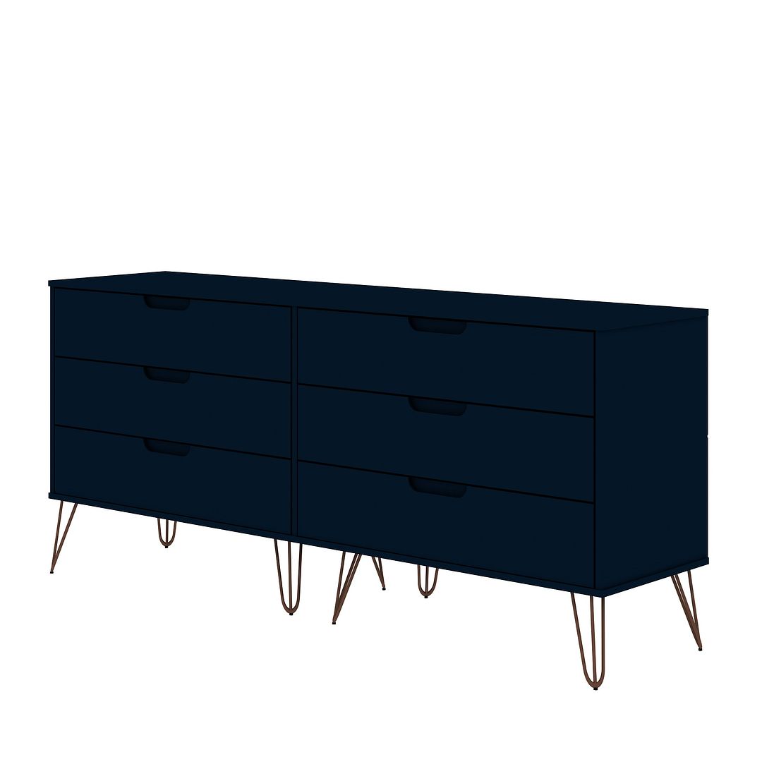 Manhattan Comfort Rockefeller 6-Drawer Double Low Dresser With Metal Legs In Tatiana Midnight Blue