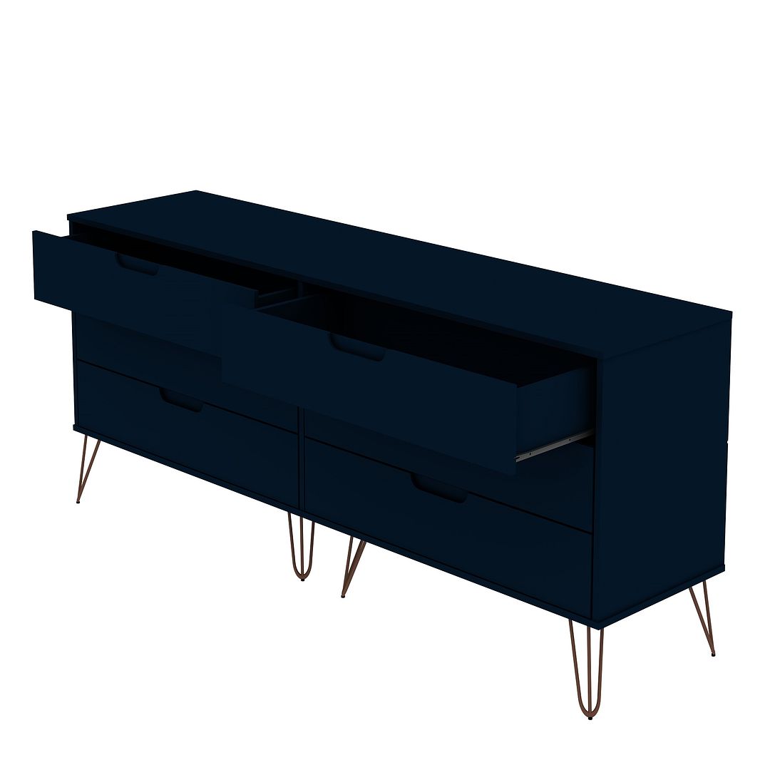 Manhattan Comfort Rockefeller 6-Drawer Double Low Dresser With Metal Legs In Tatiana Midnight Blue