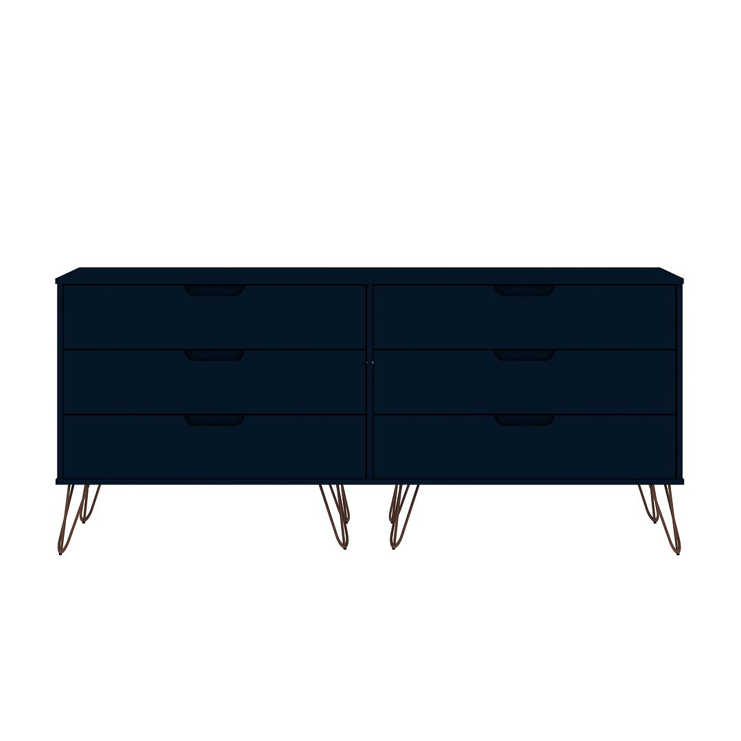 Manhattan Comfort Rockefeller 6-Drawer Double Low Dresser With Metal Legs In Tatiana Midnight Blue