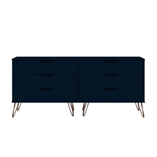 Manhattan Comfort Rockefeller 6-Drawer Double Low Dresser With Metal Legs In Tatiana Midnight Blue