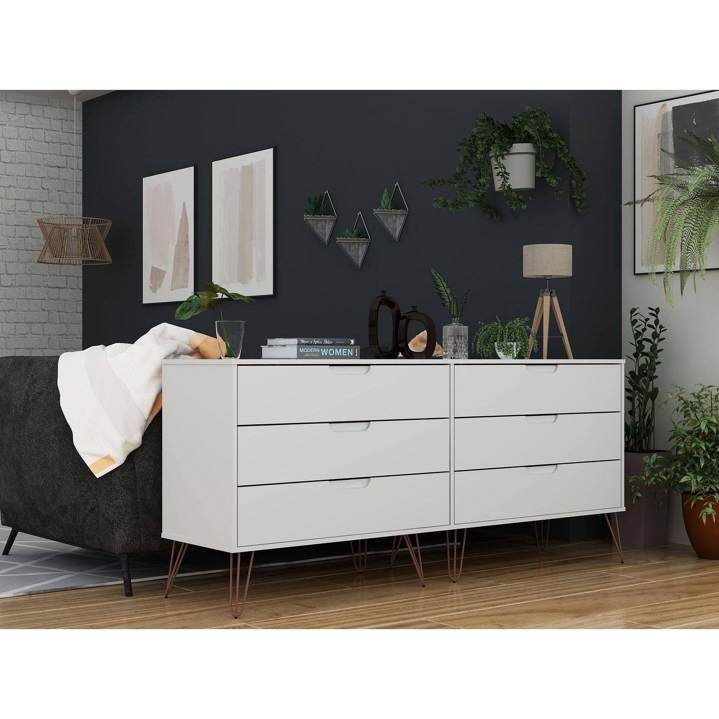 Manhattan Comfort Rockefeller 6-Drawer Double Low Dresser With Metal Legs In White