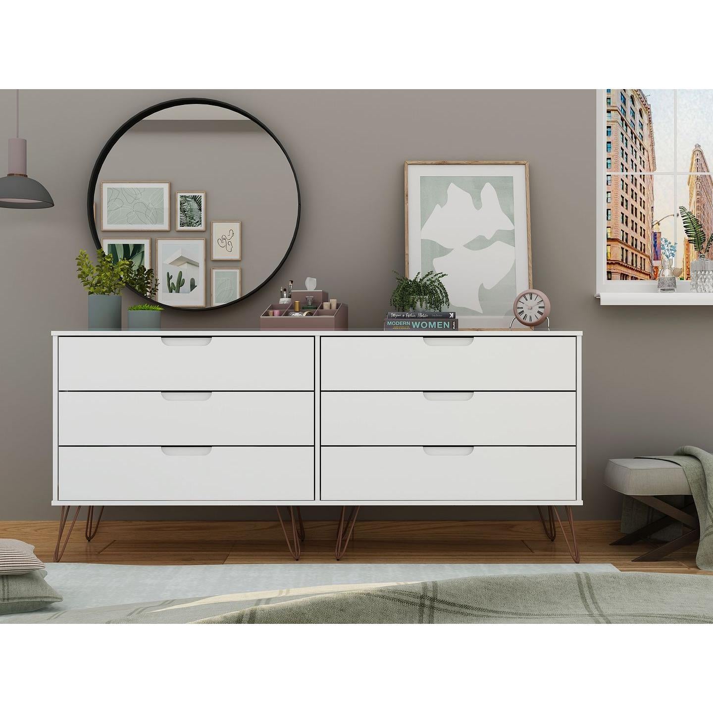 Manhattan Comfort Rockefeller 6-Drawer Double Low Dresser With Metal Legs In White