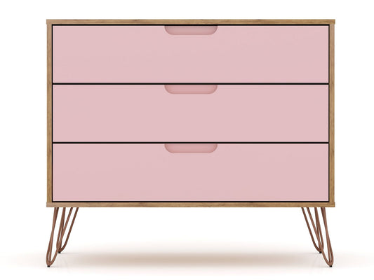 Manhattan Comfort Rockefeller Dresser Cabinet With 3-Drawers In Nature & Rose Pink