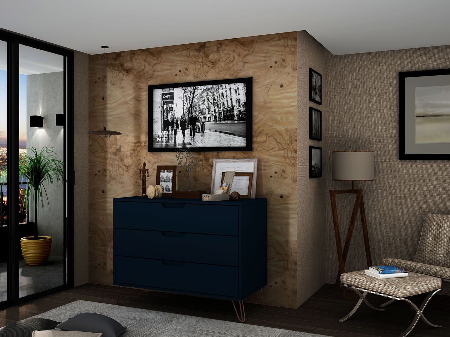 Manhattan Comfort Rockefeller Dresser Cabinet With 3-Drawers In Tatiana Midnight Blue