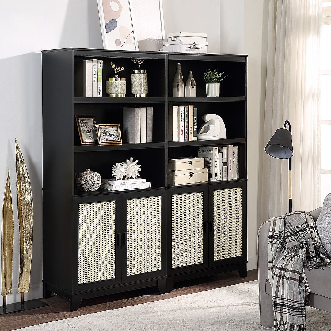 Manhattan Comfort Sheridan 31" 2-Piece Modern Cane Cabinet With Adjustable Shelves in Black