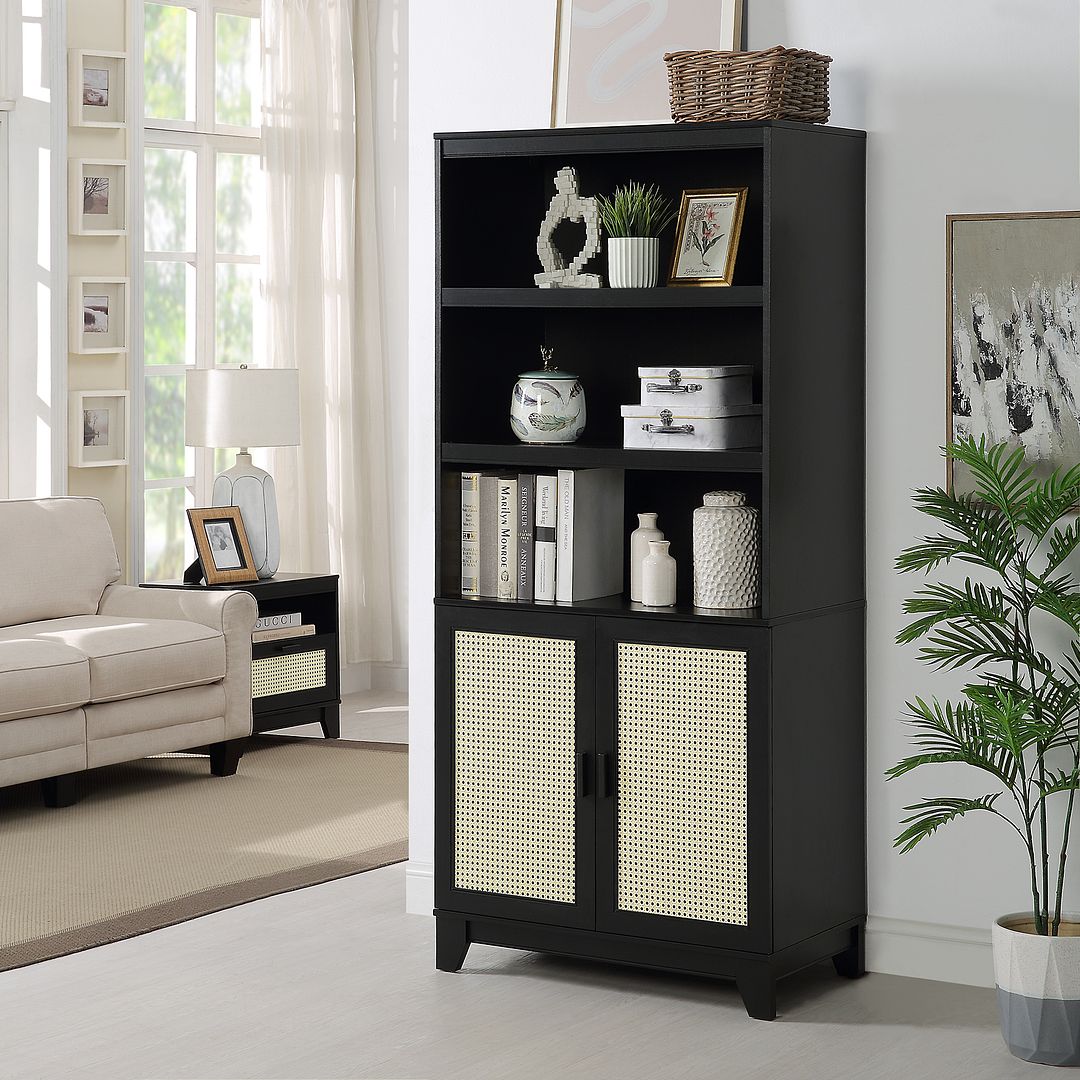 Manhattan Comfort Sheridan 31" 2-Piece Modern Cane Cabinet With Adjustable Shelves in Black