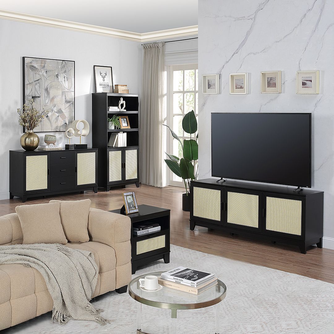 Manhattan Comfort Sheridan 31" 2-Piece Modern Cane Cabinet With Adjustable Shelves in Black