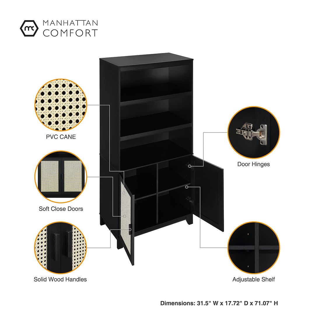 Manhattan Comfort Sheridan 31" Modern Cane Cabinet With Adjustable Shelves in Black