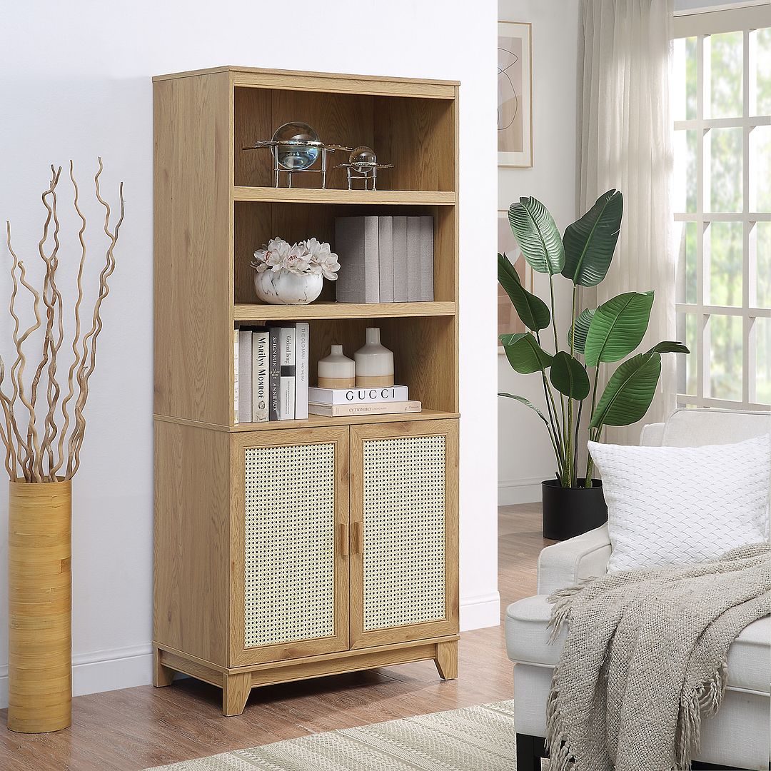 Manhattan Comfort Sheridan 31" Modern Cane Cabinet With Adjustable Shelves in Nature