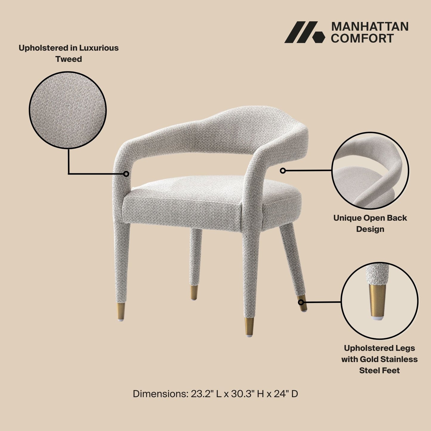 Manhattan Comfort Silver Modern Aspen Tweed Dining Armchair