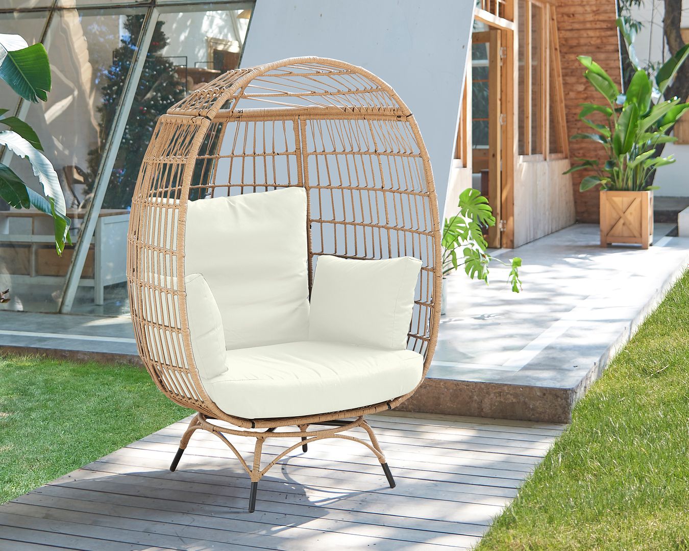 Manhattan Comfort Spezia Freestanding Steel and Rattan Outdoor Egg Chair With Cushions In Cream