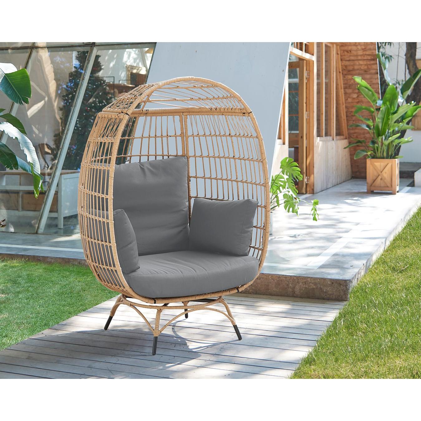 Manhattan Comfort Spezia Freestanding Steel and Rattan Outdoor Egg Chair With Cushions In Gray