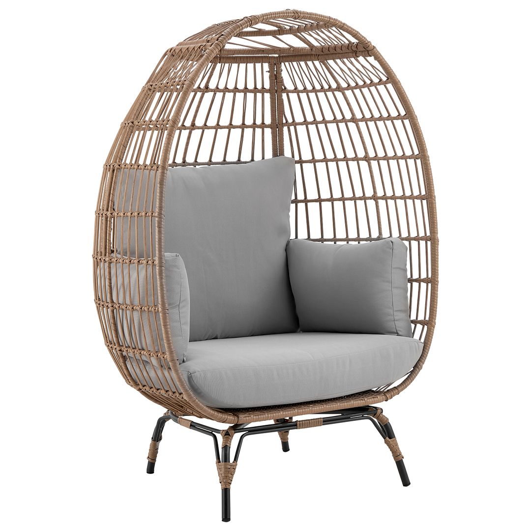 Manhattan Comfort Spezia Freestanding Steel and Rattan Outdoor Egg Chair With Cushions In Gray