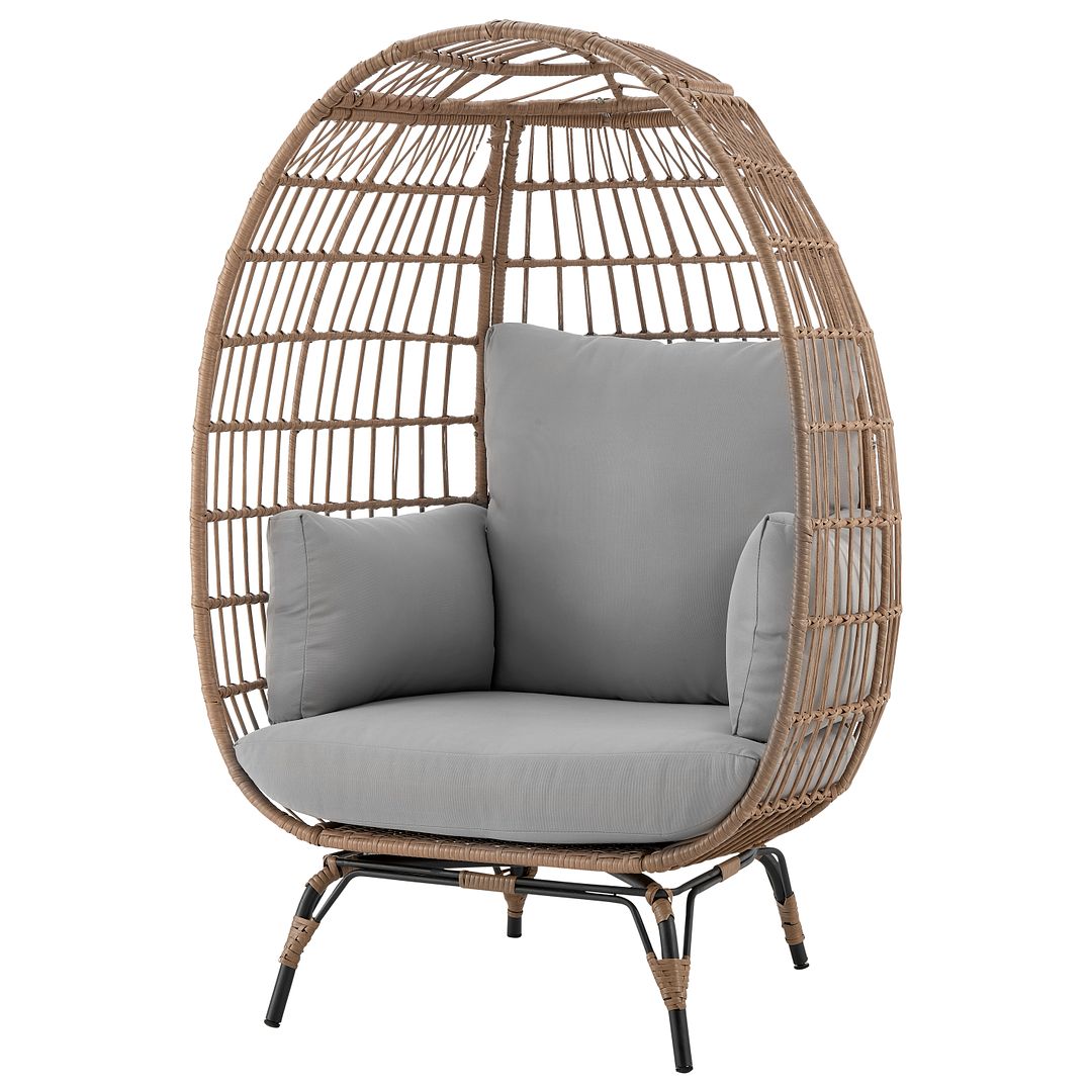 Manhattan Comfort Spezia Freestanding Steel and Rattan Outdoor Egg Chair With Cushions In Gray