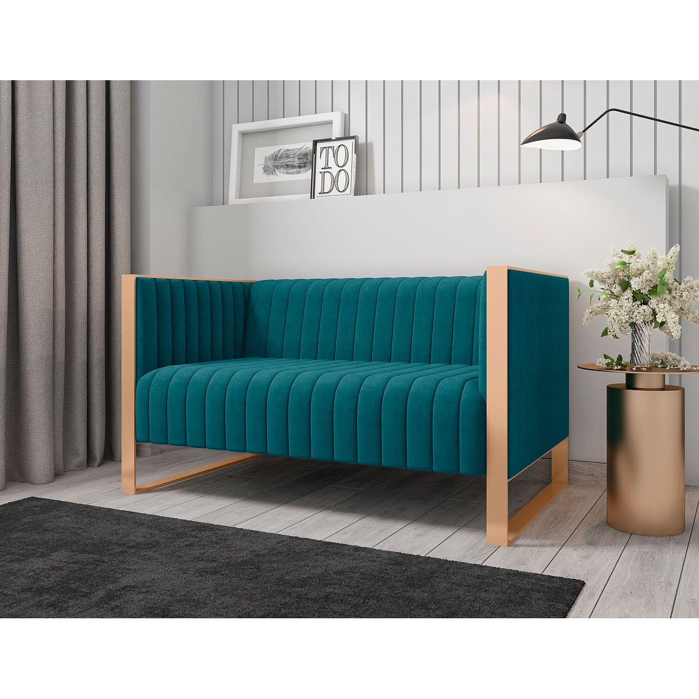 Manhattan Comfort Trillium 57" Aqua Blue & Gold Velvet 2-Seater Loveseat
