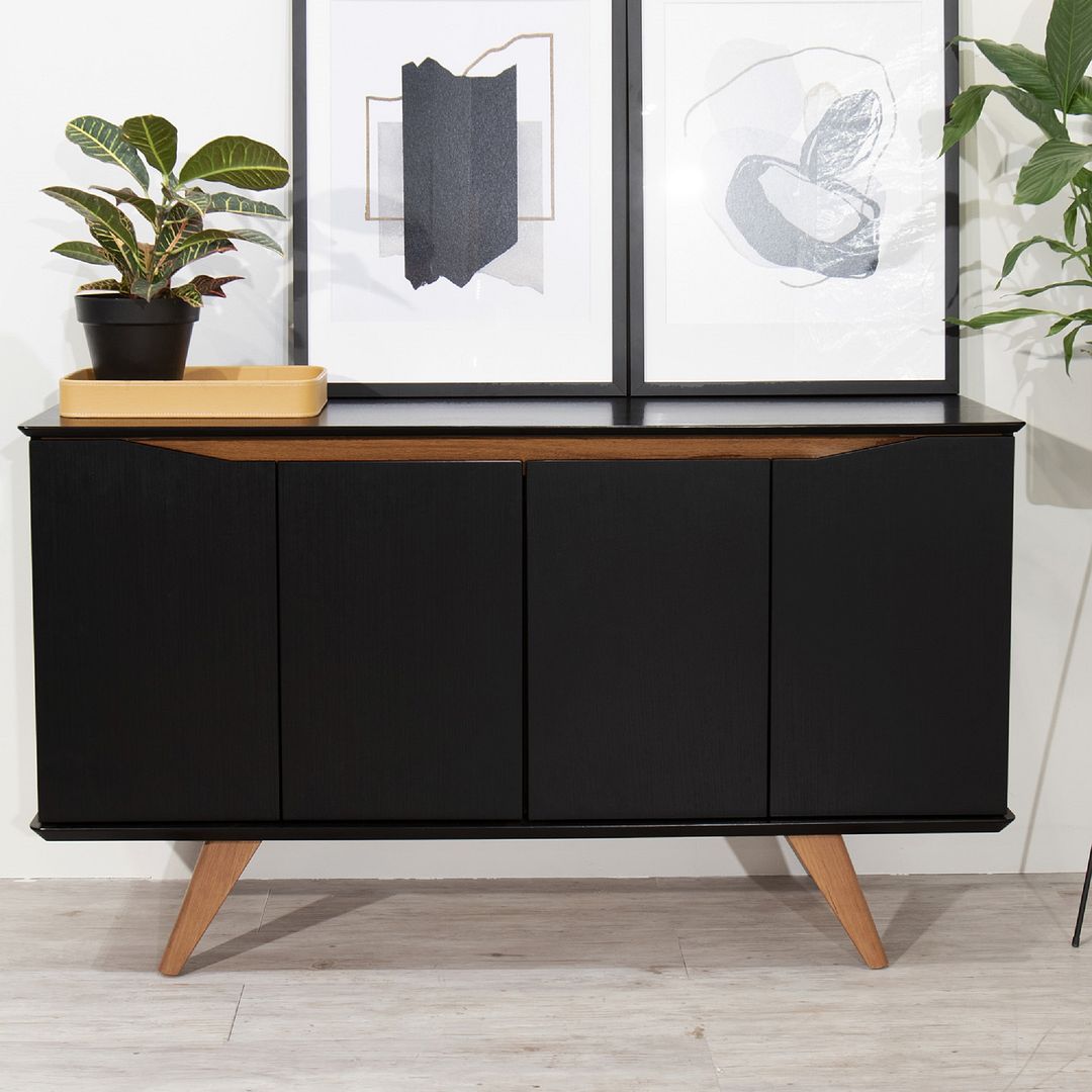 Manhattan Comfort Tudor 53" Sideboard With 4 Shelves In Black & Maple Cream