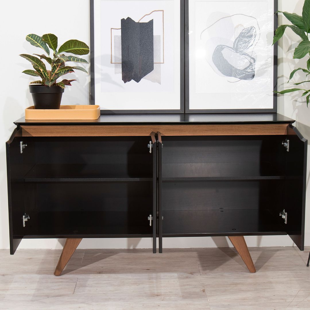 Manhattan Comfort Tudor 53" Sideboard With 4 Shelves In Black & Maple Cream