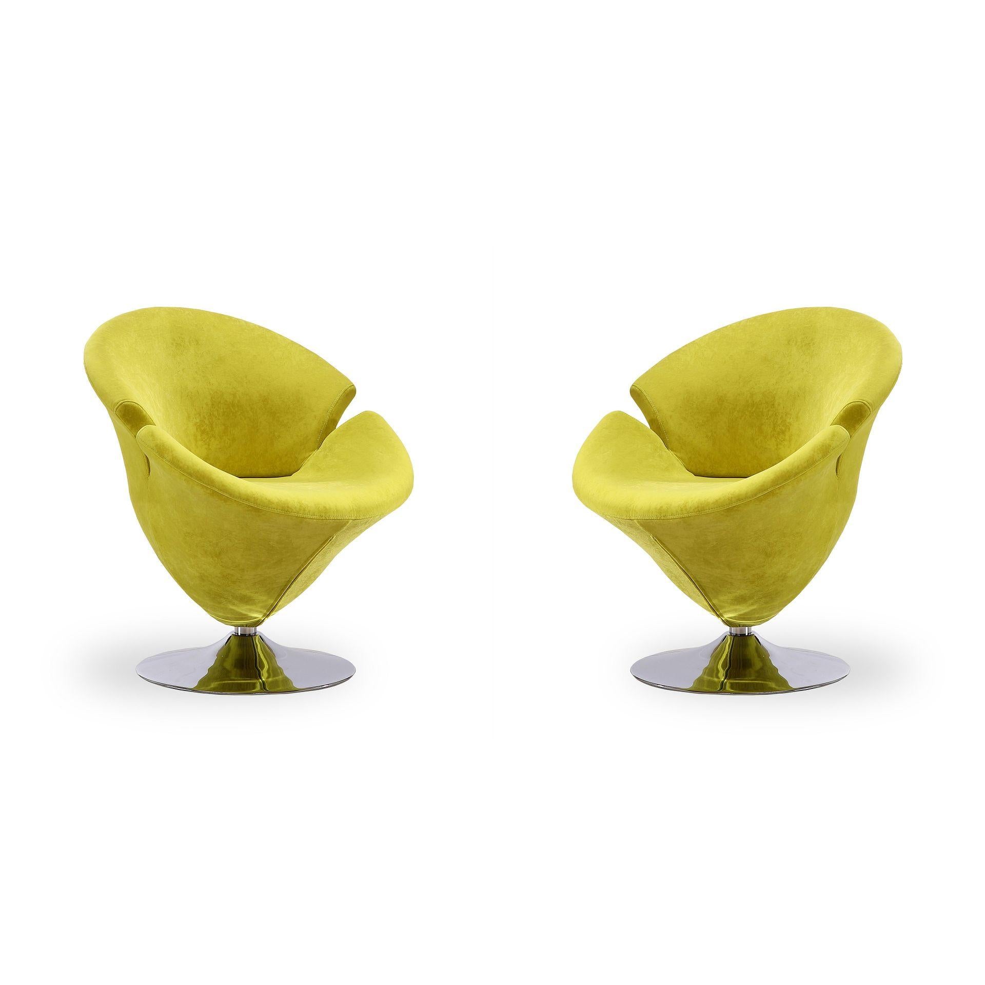 Manhattan Comfort Tulip Green & Polished Chrome Velvet Swivel Accent Chairs In A Set Of 2
