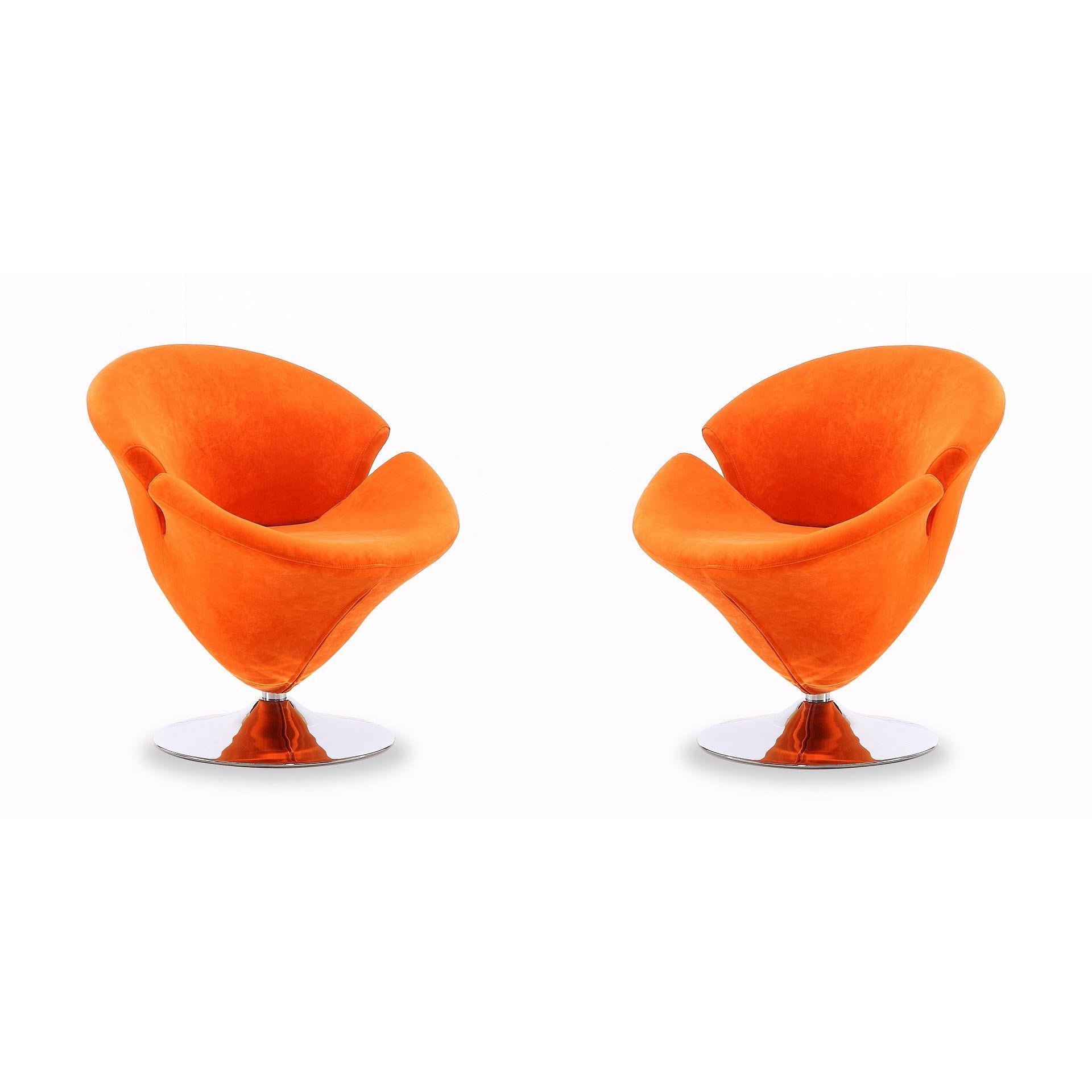 Manhattan Comfort Tulip Orange & Polished Chrome Velvet Swivel Accent Chairs In A Set Of 2