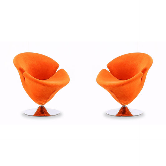 Manhattan Comfort Tulip Orange & Polished Chrome Velvet Swivel Accent Chairs In A Set Of 2