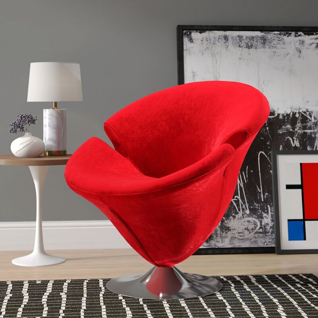Manhattan Comfort Tulip Red & Polished Chrome Velvet Swivel Accent Chairs In A Set Of 2