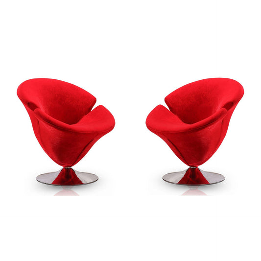 Manhattan Comfort Tulip Red & Polished Chrome Velvet Swivel Accent Chairs In A Set Of 2