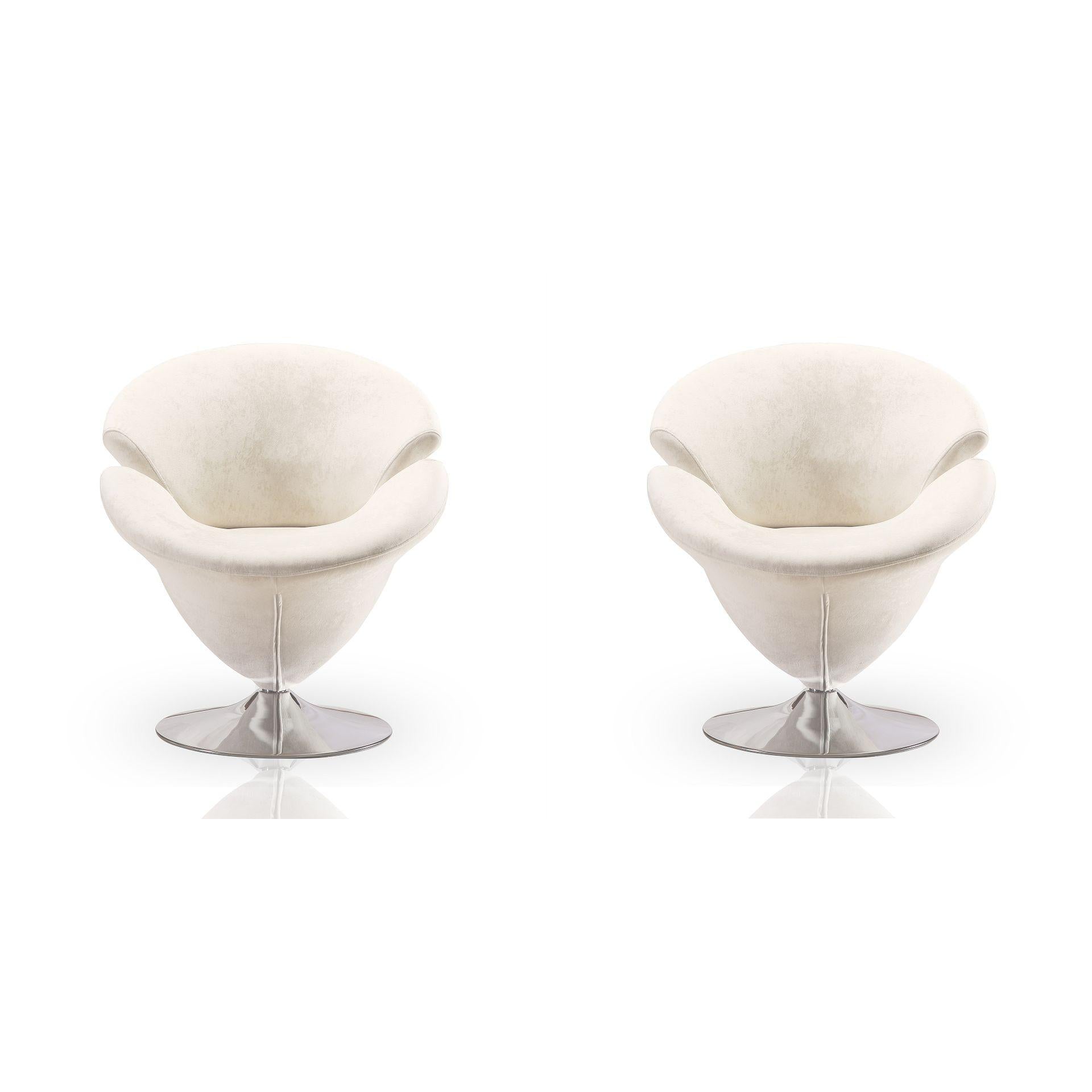 Manhattan Comfort Tulip White & Polished Chrome Velvet Swivel Accent Chairs In A Set Of 2