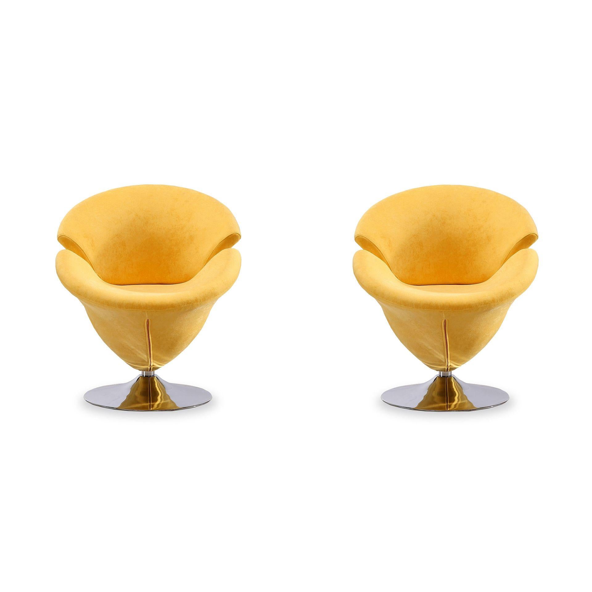 Manhattan Comfort Tulip Yellow & Polished Chrome Velvet Swivel Accent Chairs In A Set Of 2